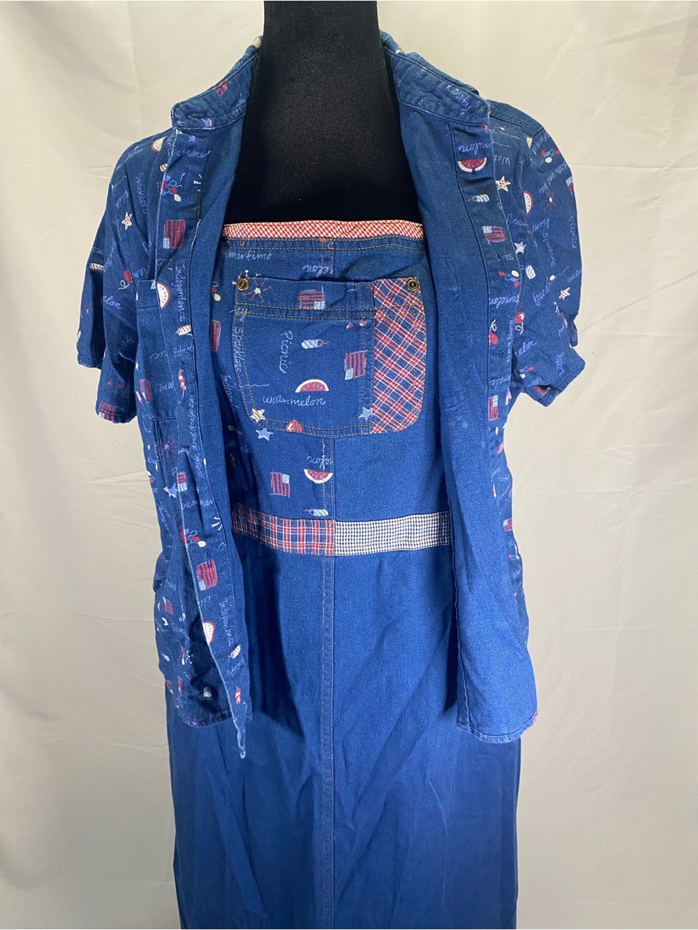 Koret Blue Denim Women's Overalls with Red & White Plaid Trim - Picture 7 of 16